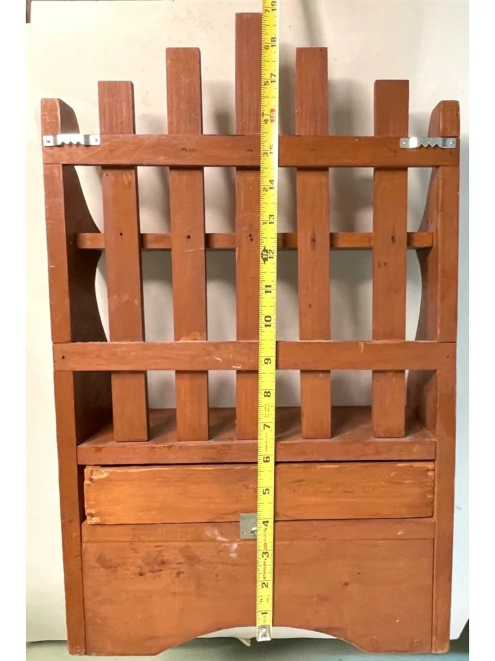 Vintage Handcrafted Wood Wall Organizer Shelf Rack with Drawer 19